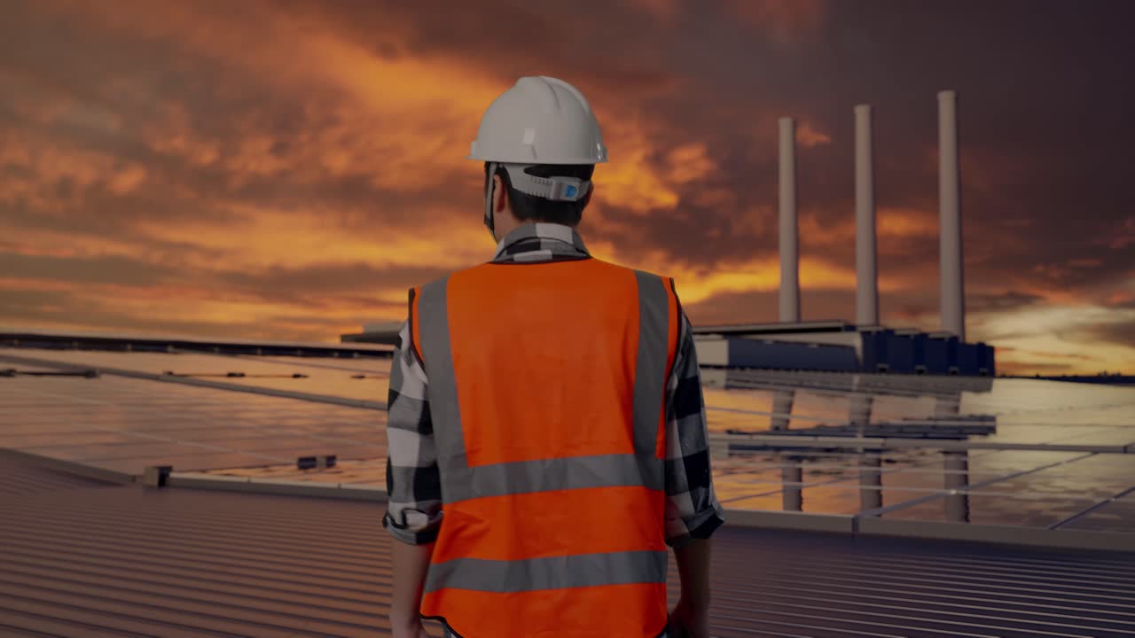 Back of Asian Male Engineer Walking and Inspecting Solar Panels on Rooftop at Sunset