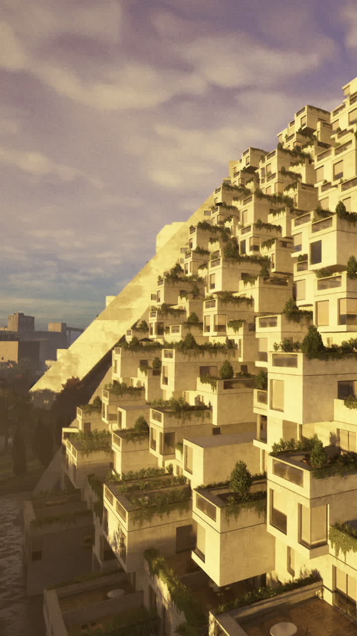 Edifícios modernos numa encosta com terraços e plantas à luz do dia.