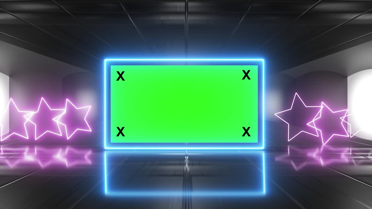 추상적인 크리에이티브 터널 및 그린 스크린 알파 채널 광고판 모형: 네온, 파란색 보라색 led 바 및 기술, sf, 미래의 사이버 크, 빈 프레임으로 3d 렌더링