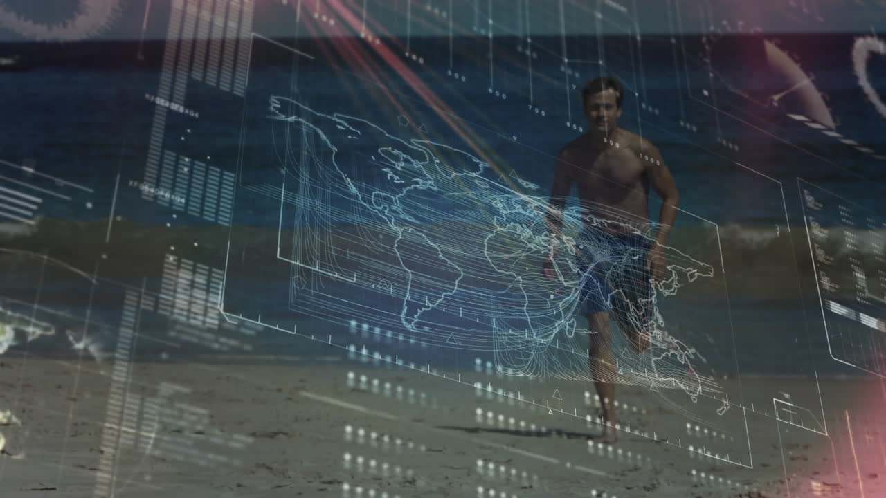 Animation of data processing over fit man running at beach