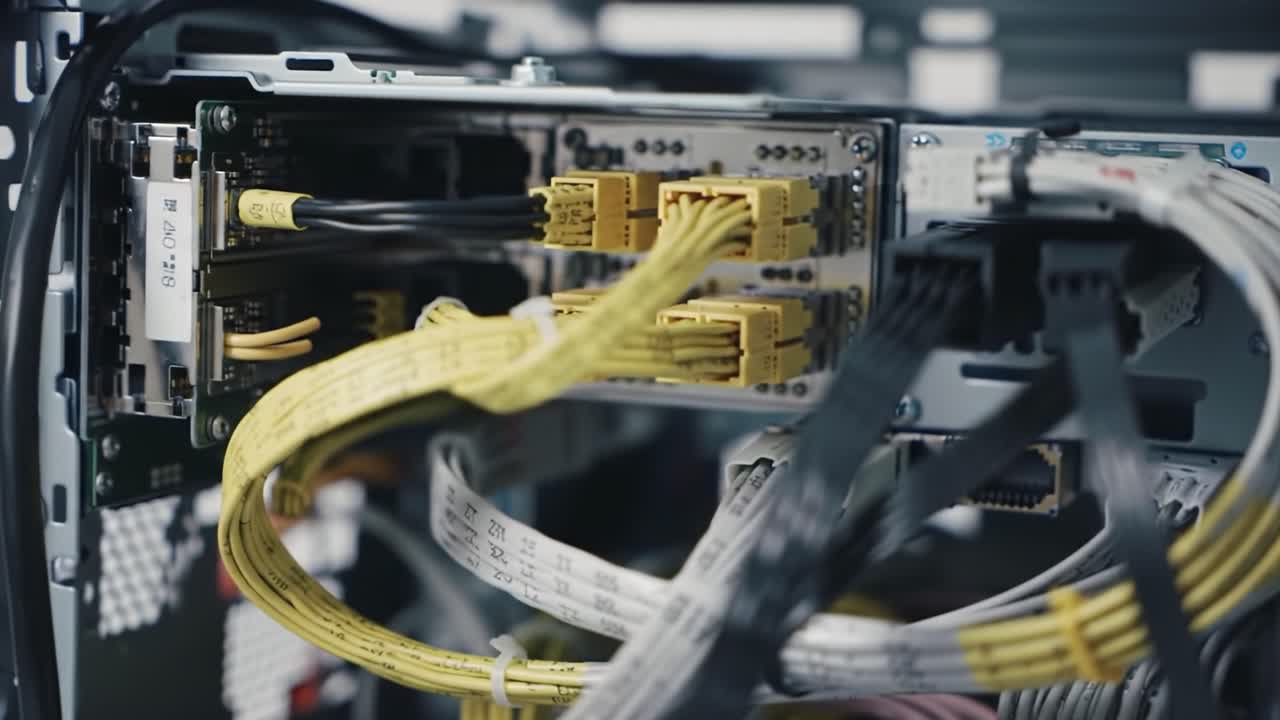 Close-up view of complex electronic connections and wires.