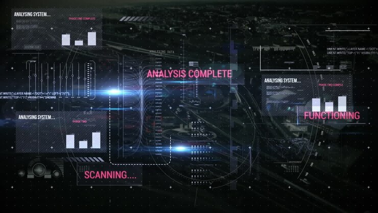 Animation of analysing text and data processing over cityscape