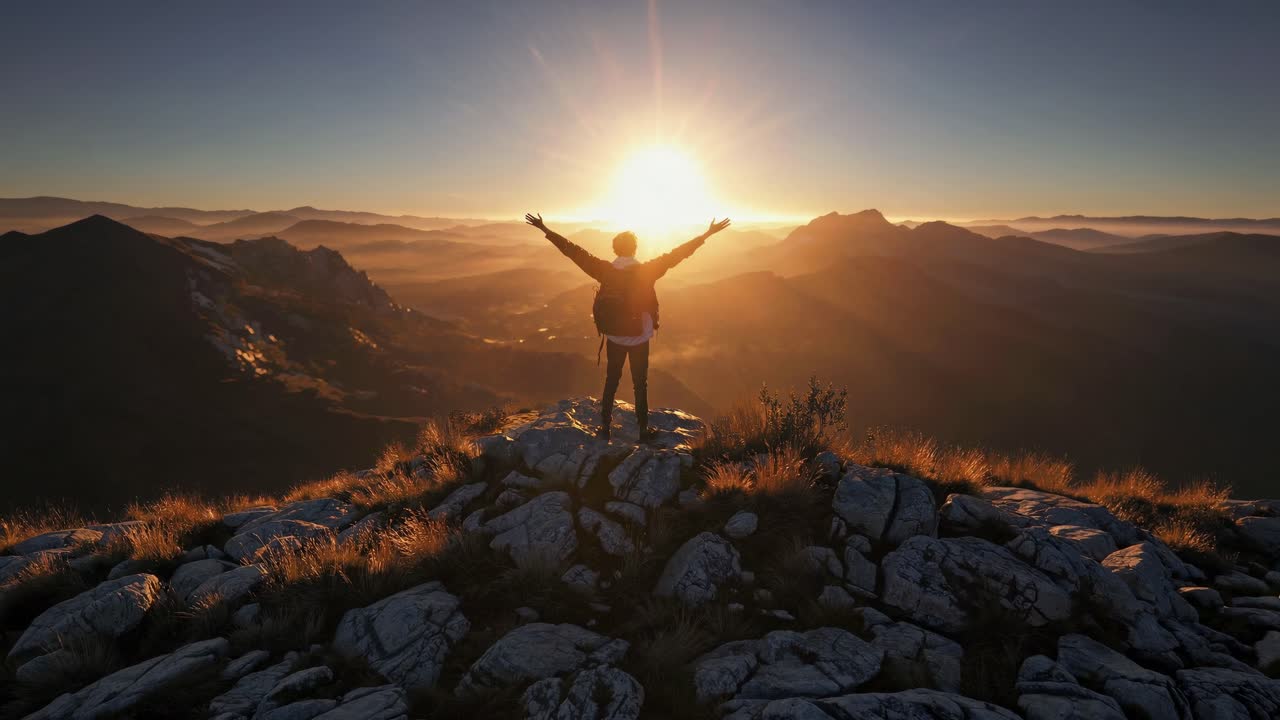 A person stands on a rocky peak at sunrise, arms outstretched. Captured from a low angle, this scene