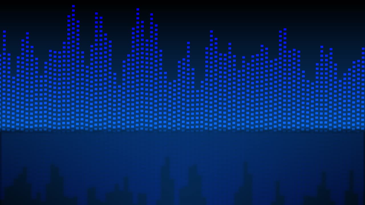 Animated blue digital bars pulse rhythmically background visualizing audio spectrum dynamic pattern