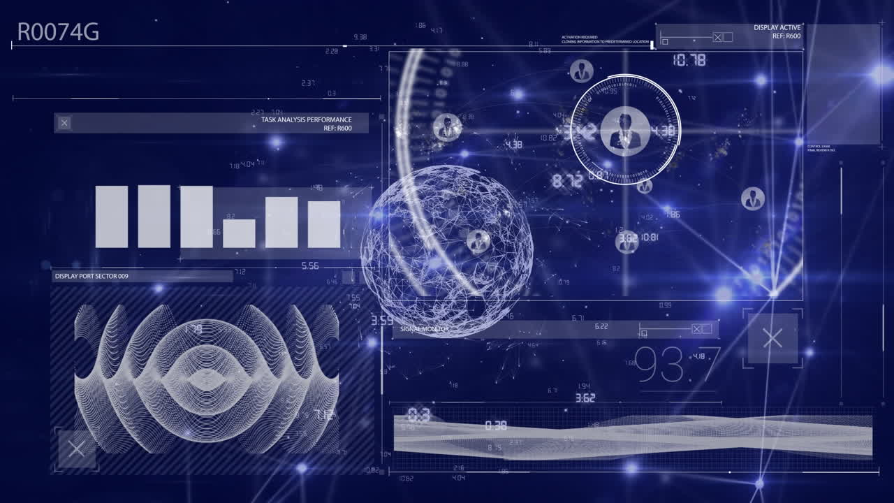 Animation of globe with icons and connections over data processing