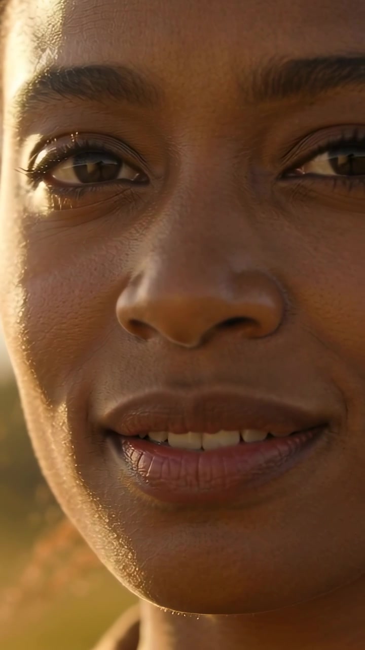 Vertical video: Turning woman shifting face toward camera outdoors, addressing viewer in warm sun