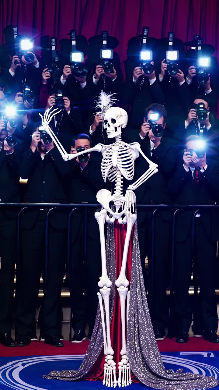 Skeleton model poses confidently on red carpet, captivating photographers with striking presence