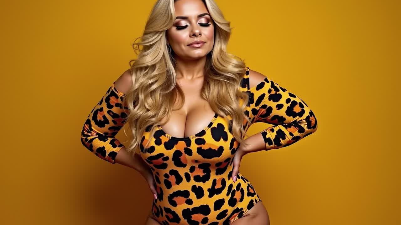 A woman in a leopard print bodysuit posing for a picture
