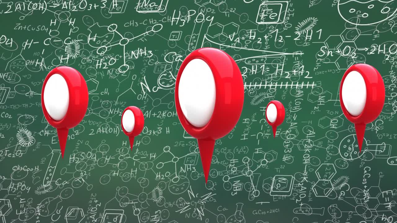 Small 3D red pin appearing on chalkboard initiating pins emerging, floating, forming centered row