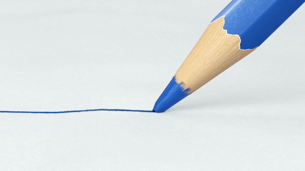 나무 연필 파란색 그림 줄이 종이 클로즈업, 루프 3d 애니메이션, 녹색 스크린 알파 채널, 추상적인 글쓰기 및 드로잉 과정, 예술 및 디자인 개념