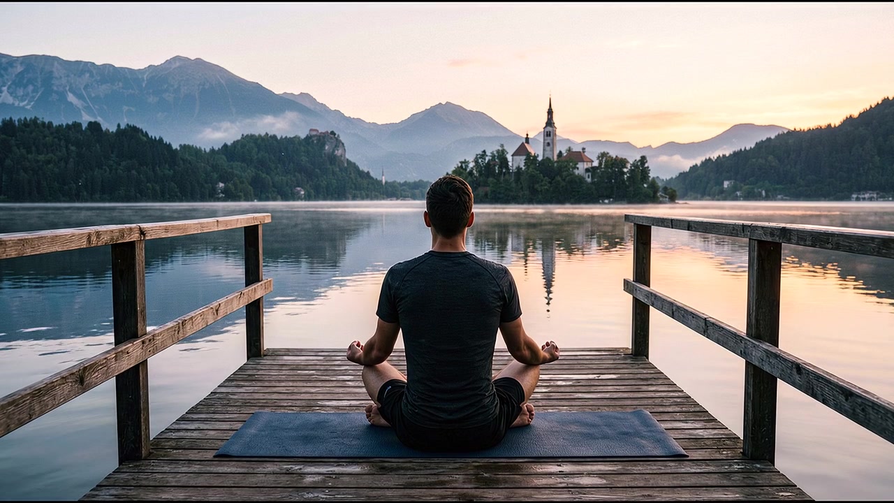 Individuo che pratica meditazione mindfulness su un molo sul lago durante una tranquilla routine di benessere mattutina.