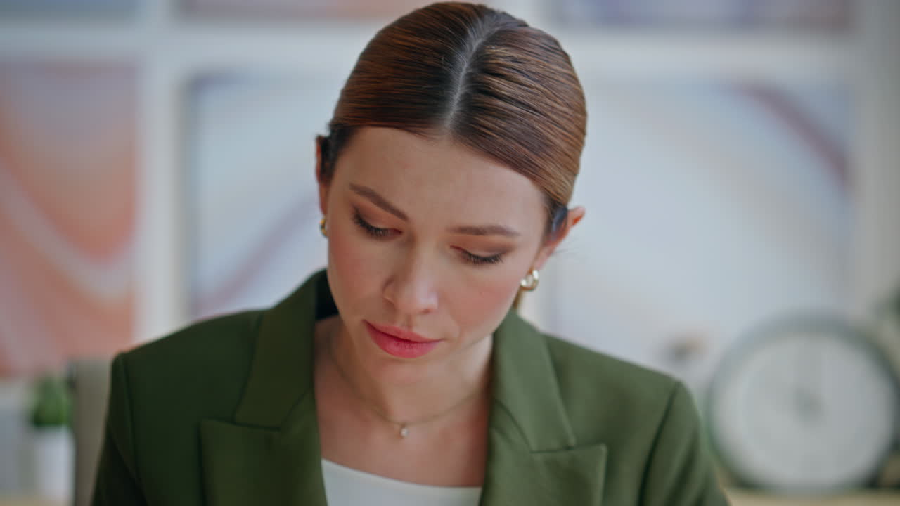 Focused creator working office closeup. Relaxed satisfied woman breathing deeply