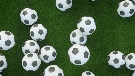 4k video animation. soccer balls falling on grass field.