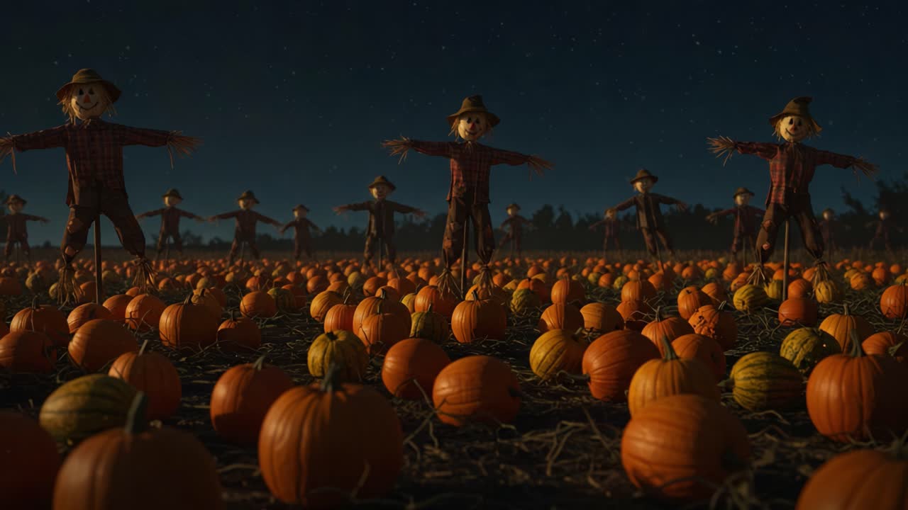 A Spooky Night in the Pumpkin Patch: Scarecrows Stand Guard Over a Sea of Orange Pumpkins Under a Starry Sky