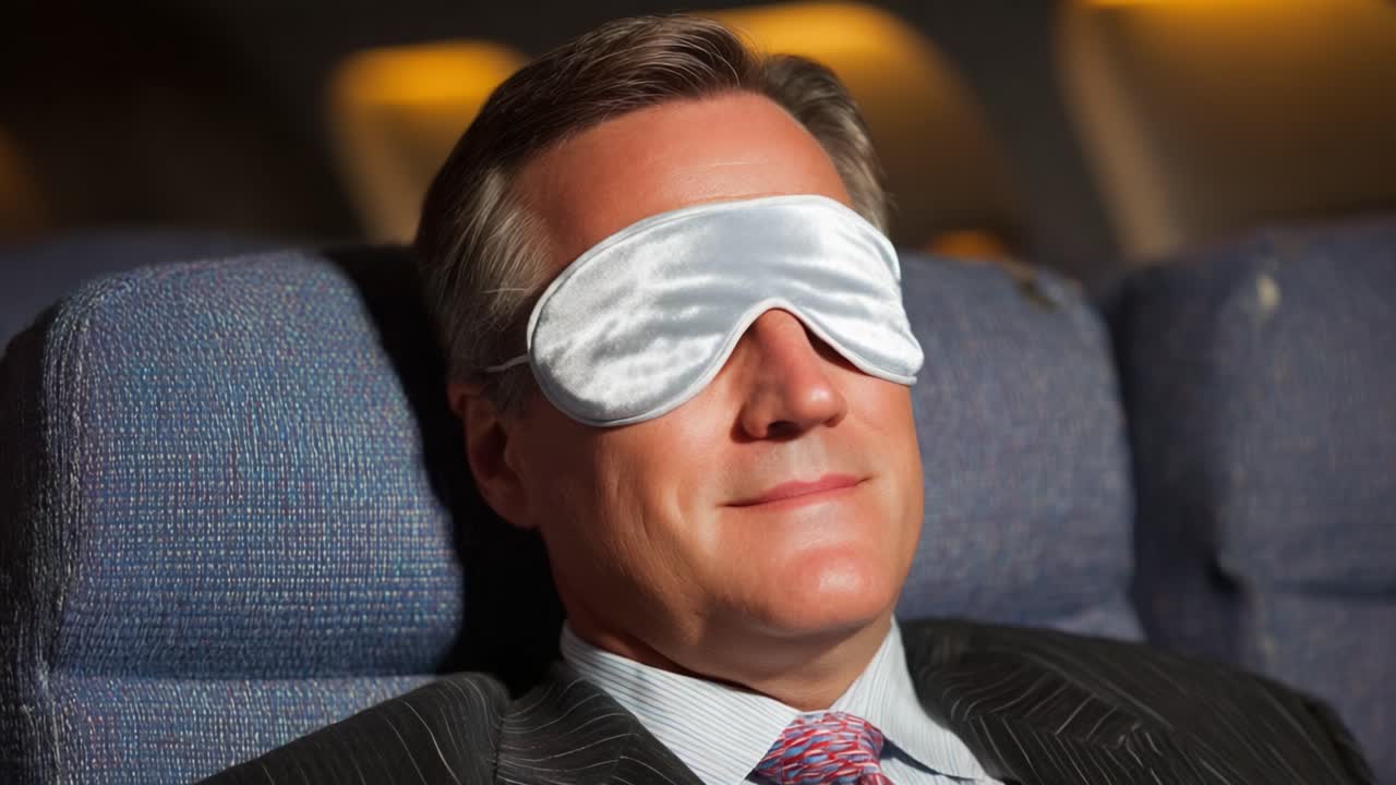 A Relaxed Businessman Approaches a Peaceful Journey in an Airplane, Enjoying His Time with a Sleep Mask On to Ensure Complete Comfort