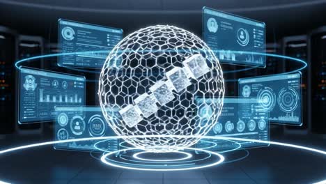 Futuristic Global Data Visualization: An Interactive 3D Representation of a Networked Sphere Surrounded by Advanced Information Panels