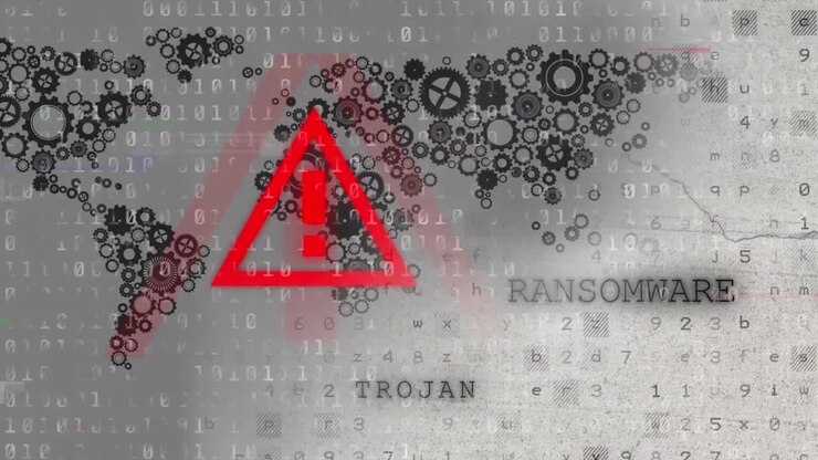 Animation of warning sign over data processing and world map