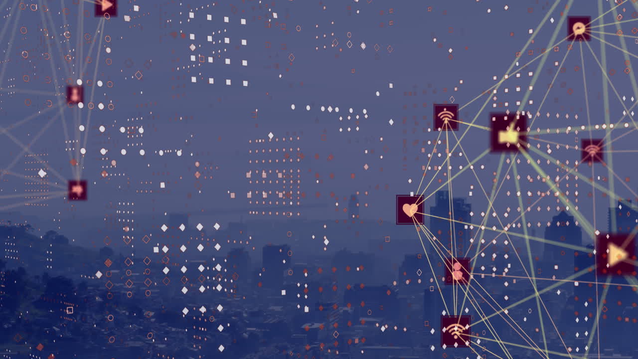 도시 풍경의 공중 전망에 대한 디지털 아이콘과 점 패턴의 두 개의 글로브의 애니메이션