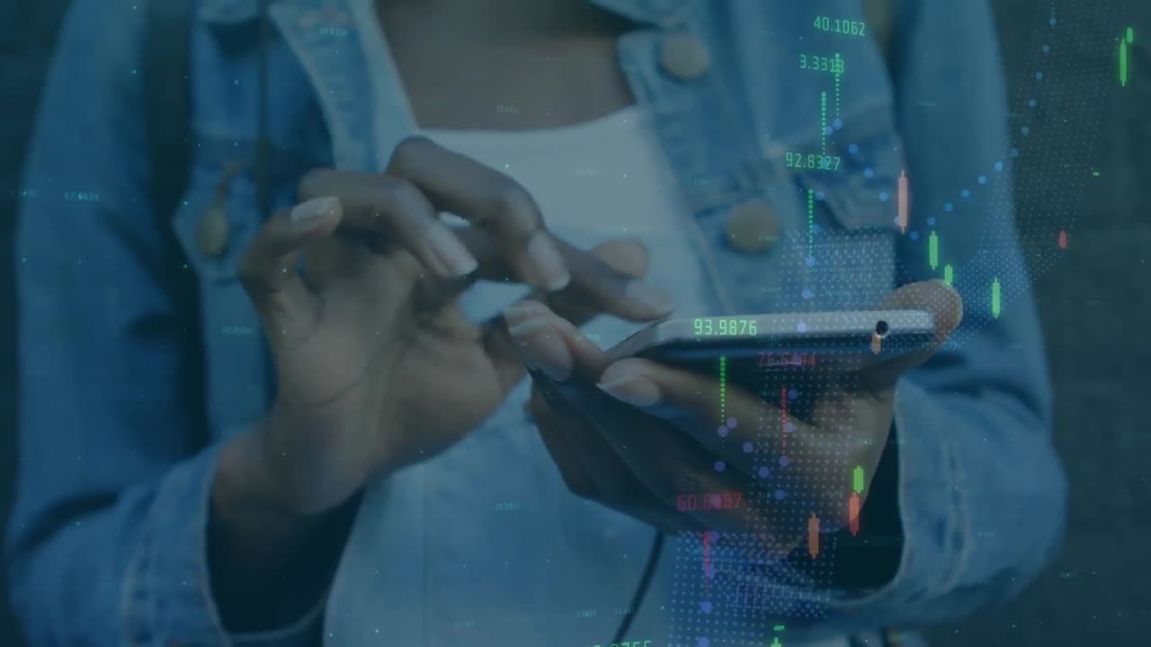 Animation of financial data processing over woman using smartphone