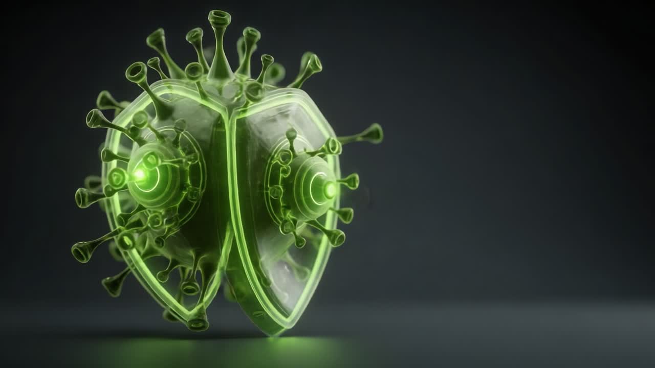 Nowoczesna tarcza high-tech symbolizująca ochronę przed infekcjami wirusowymi, o nowoczesnym designie z zielonymi elementami i mikroskopijnymi strukturami wirusowymi dla wzmocnienia efektu wizualnego.