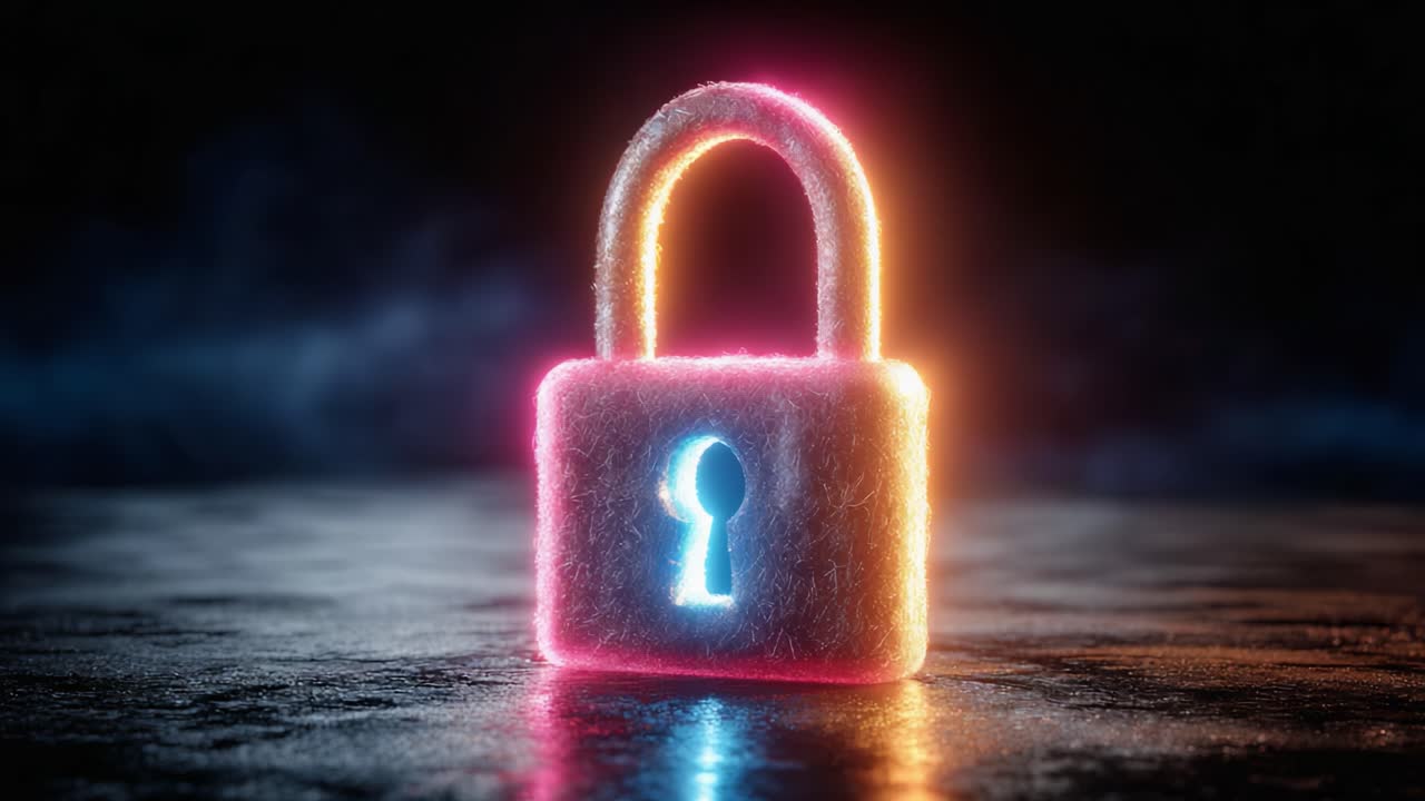 A Vibrant Neon Lock Illuminated in Dark Surroundings, Showcasing a Glimmering Keyhole and Soft Glow for a Futuristic Security Concept