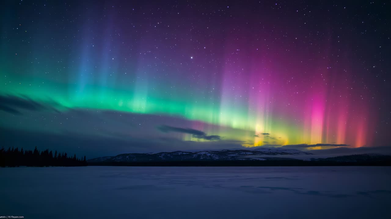 In risposta al vento solare, l'aurora boreale forma luminosi pilastri su una pianura innevata con le stelle sopra