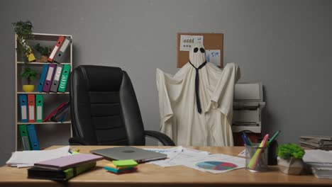 a ghost wearing a tie stands in an office setting