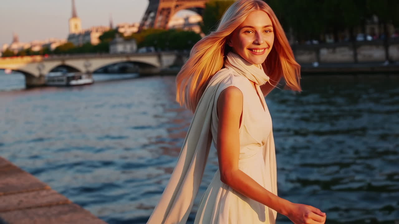 Happy Woman in Paris at Sunset