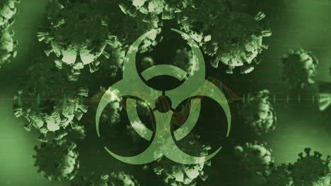animación de un cartel de peligro biológico sobre las células del coronavirus flotando