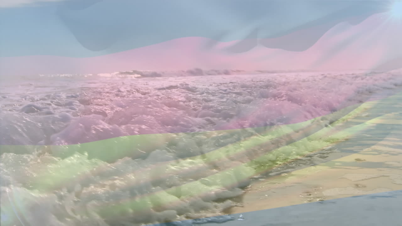 독일  ⁇ 발의 디지털 구성은 바다의 파도의 공중 전망에 반해 흔들리고 있습니다.