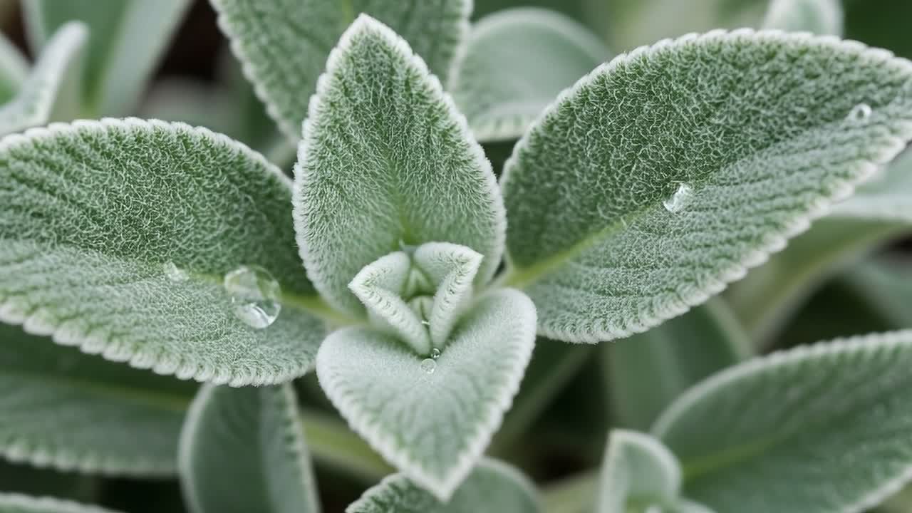 A close-up view of lush, vibrant green leaves adorned with droplets of water, showcasing the intricate textures and details of nature's delicate design in a serene environment