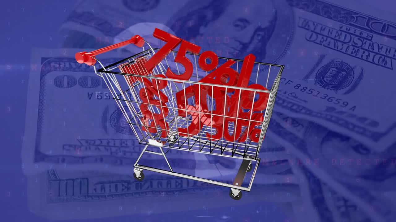 Animatie van 75 procent kortingstekst over bankbiljetten