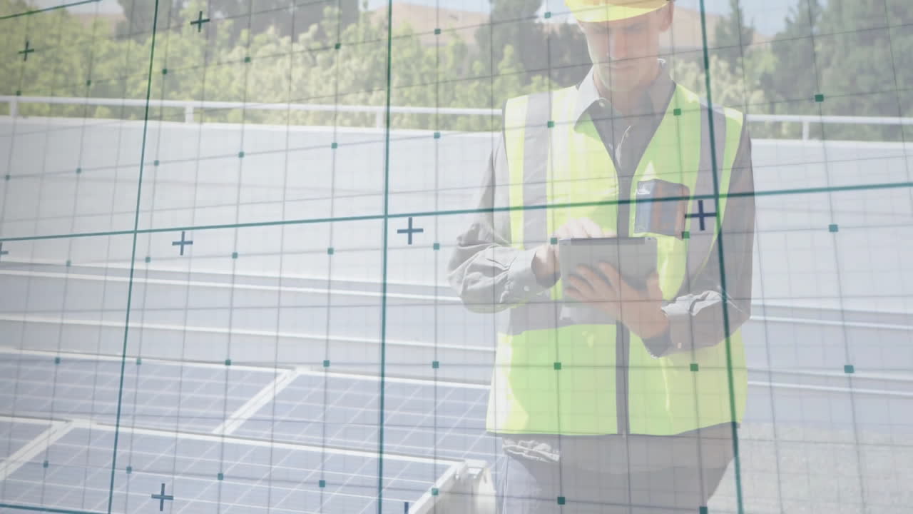 Solar technician tapping tablet on rooftop panels, analyzing energy data grid with plus symbols