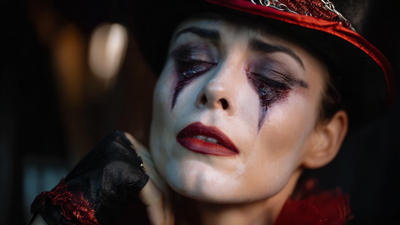 Un ritratto drammatico di un clown che cattura l'emozione attraverso trucco e costume in un'atmosfera cupa, mettendo in risalto espressioni indimenticabili e dettagli artistici