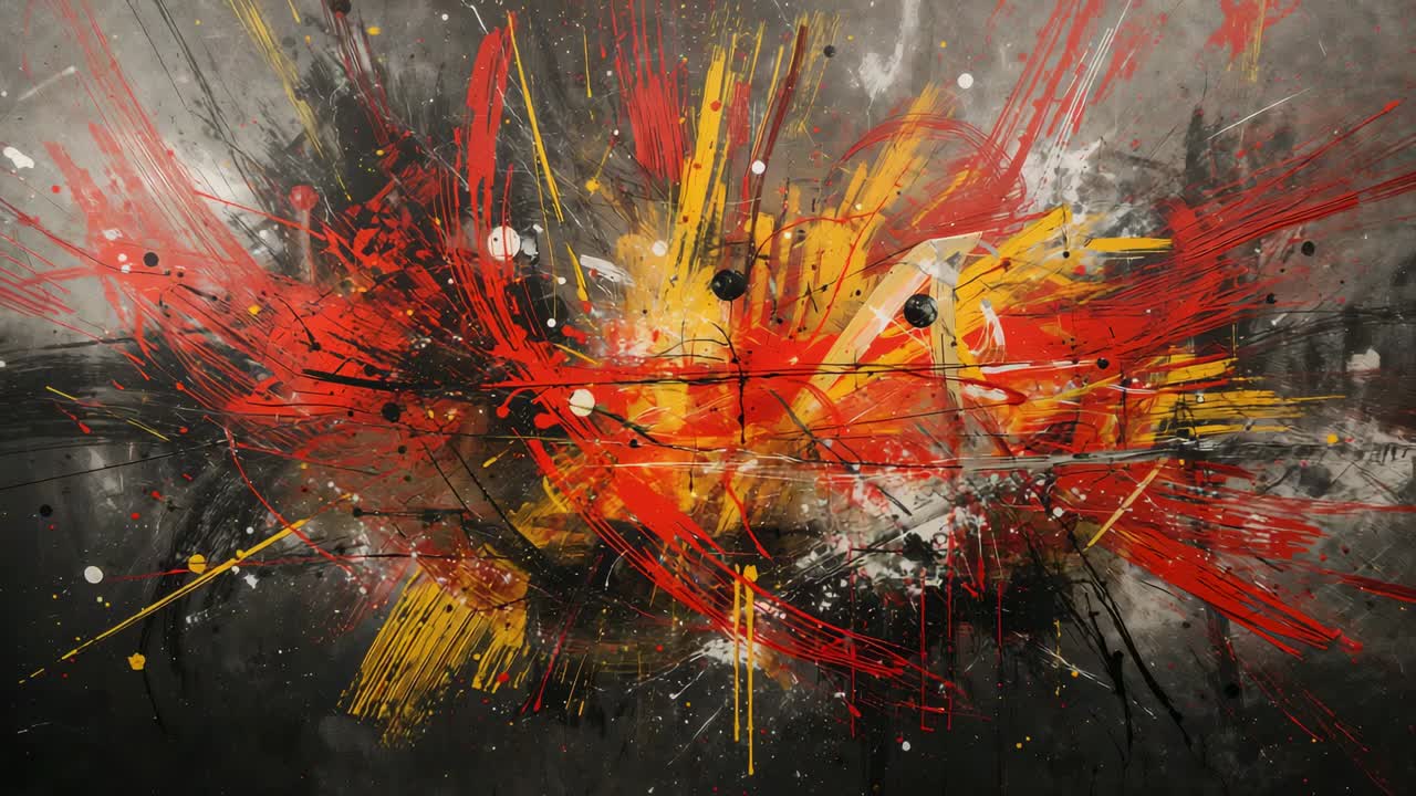Zooming camera revealing centered abstract canvas at studio wall, highlighting red yellow strokes