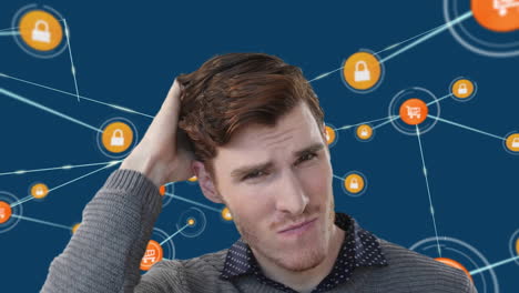 animation of confused caucasian man with network of online shopping and security icons on blue