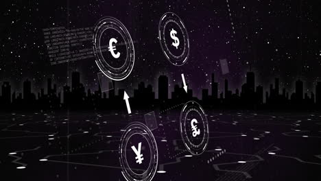 animation of currency symbols with data processing over cityscape on black background