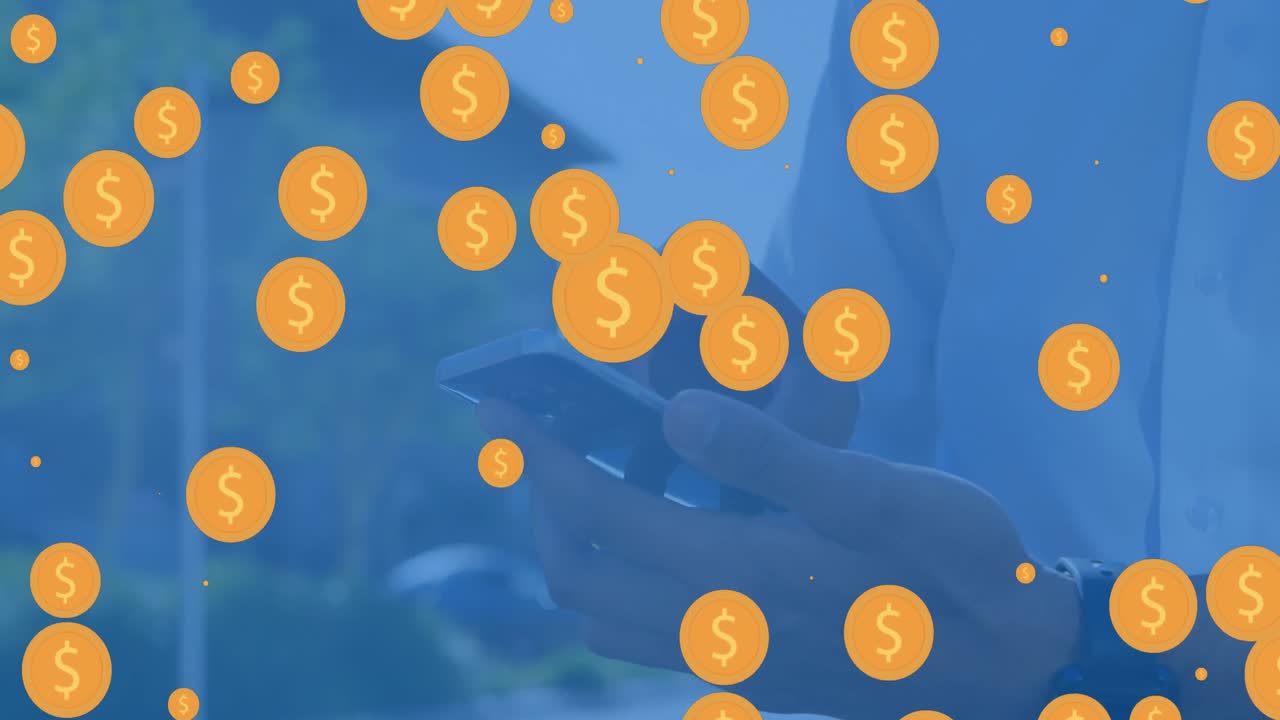 스마트폰을 사용하는 백인 남자의 손 위에 박이는 달러 아이콘의 애니메이션