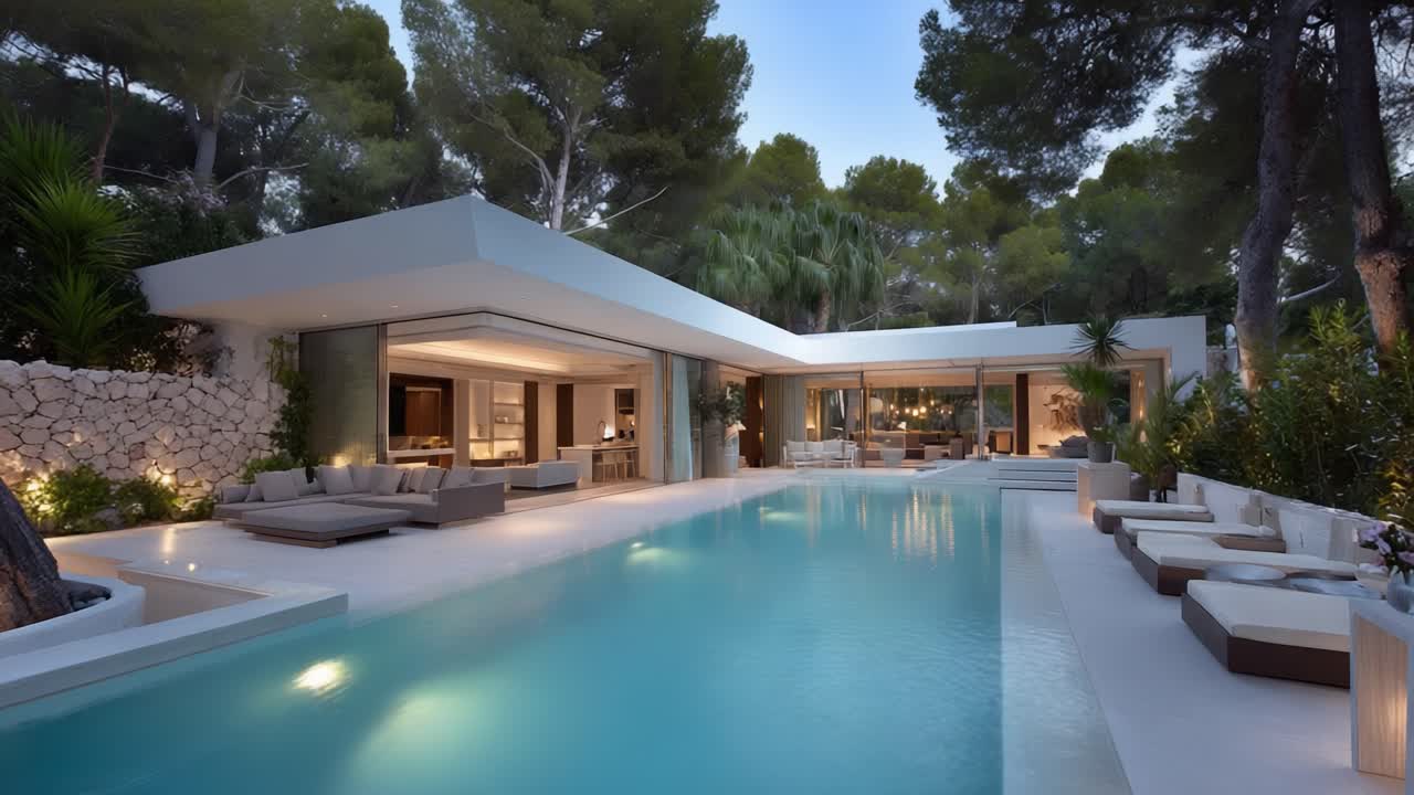 Una splendida villa moderna con una serena piscina circondata da una vegetazione lussureggiante, che fonde perfettamente gli spazi abitativi interni ed esterni al crepuscolo