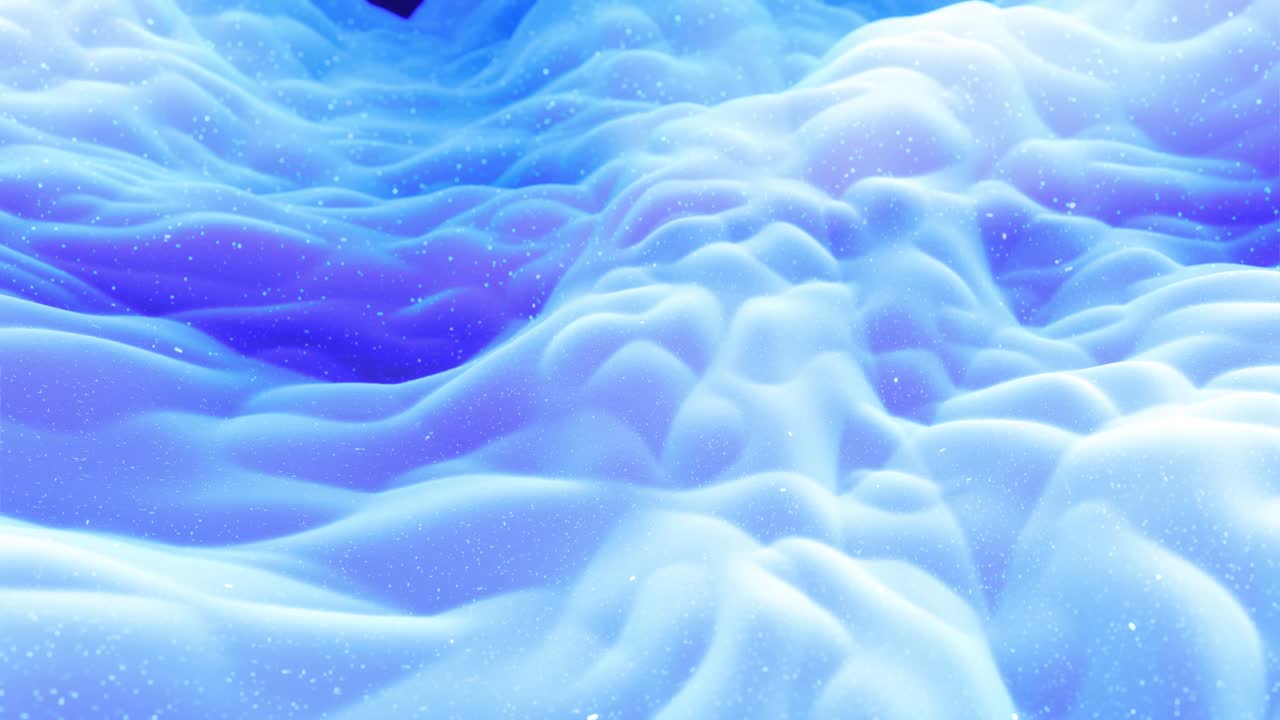 Abstrakte bølger av mykt blått matt materiale med lett indre glød og glitter på en morfende overflate. Abstrakt geometrisk overflate som landskap eller terreng, ekstrudere eller forskyve 3D-støy. Loop 4k