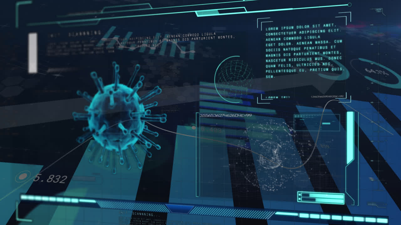 파란색 배경에 대한 코로나19 세포 및 통계 데이터 처리에 대한 디지털 인터페이스