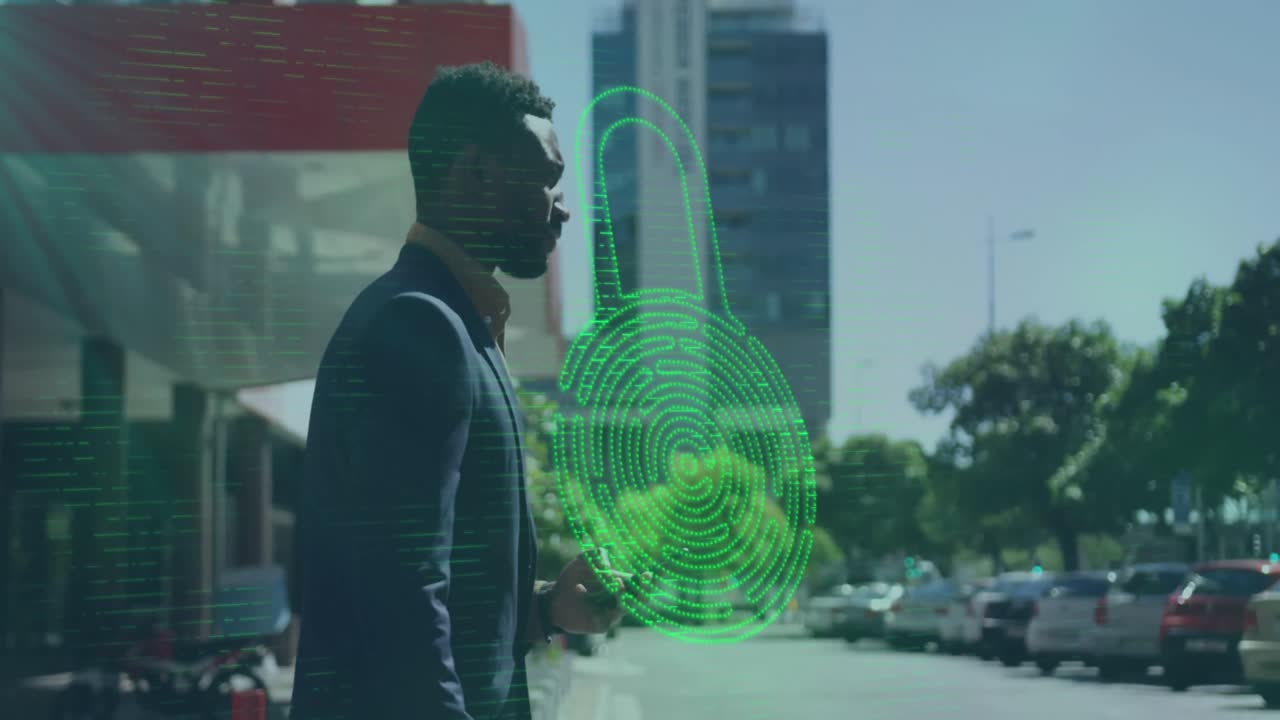 animación de una cabeza digital giratoria sobre una chica caucásica usando un teléfono inteligente