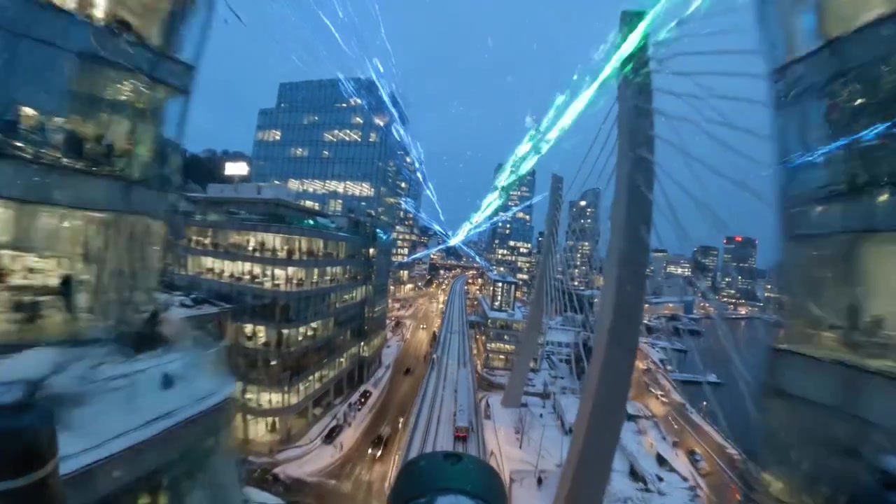 Aerial View of a Snowy Cityscape at Dusk with Modern Buildings, Bridges, and Vibrant Lights Reflecting on the Water Creating a Stunning Urban Scene