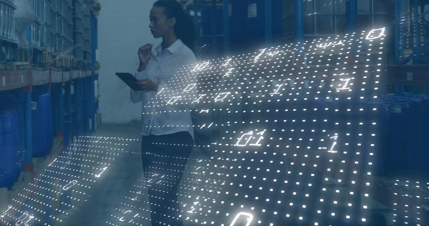 Warehouse worker walking aisle, tapping tablet, activating AR binary panels while inspecting bins