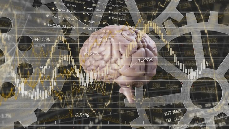 Animation of financial data processing and statistics recording over human brain and cogs spinning