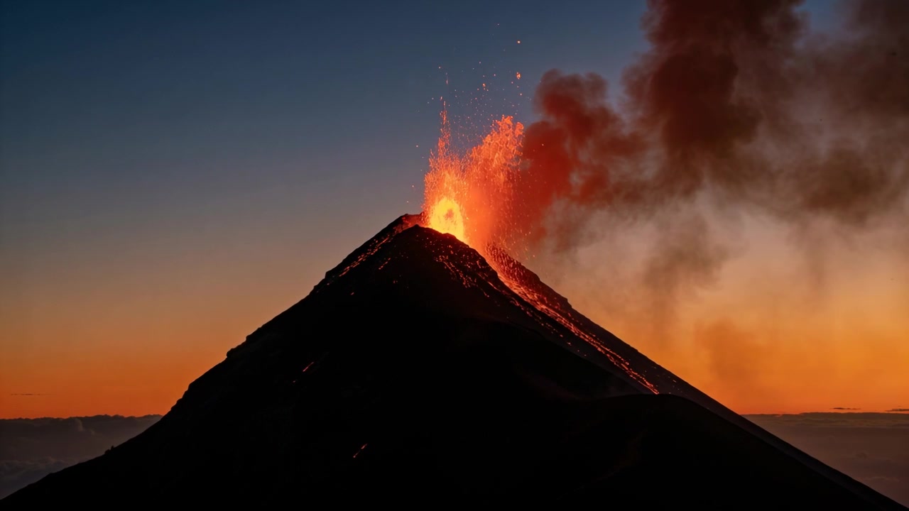 Cono vulcanico in eruzione che zampilla lava e una colonna di cenere che si sposta verso destra al tramonto, con il magma che spinge il flusso.