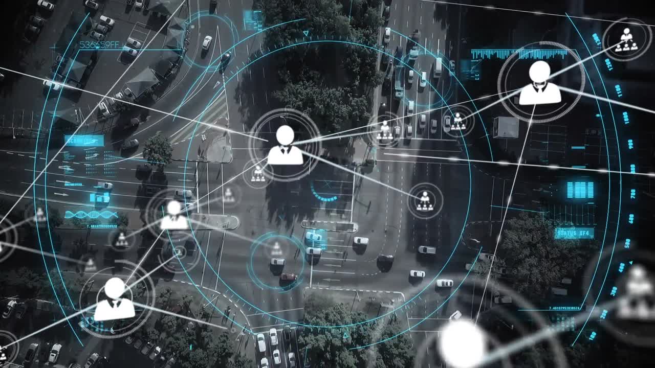 도시 풍경 위의 아이콘으로 연결된 네트워크의 애니메이션