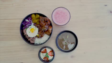 bowl with dessert, strawberry juice and soup,  restaurant