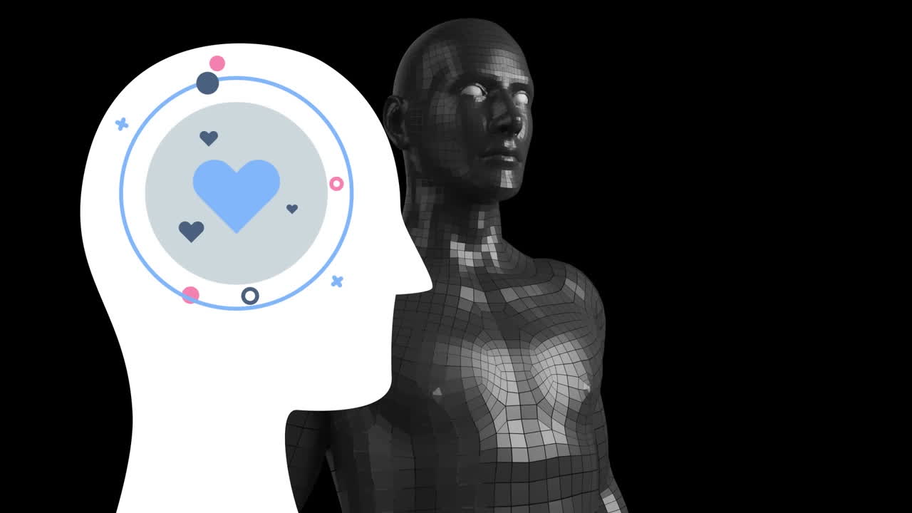 Animazione di una testa umana con cuore e umano digitale su sfondo nero
