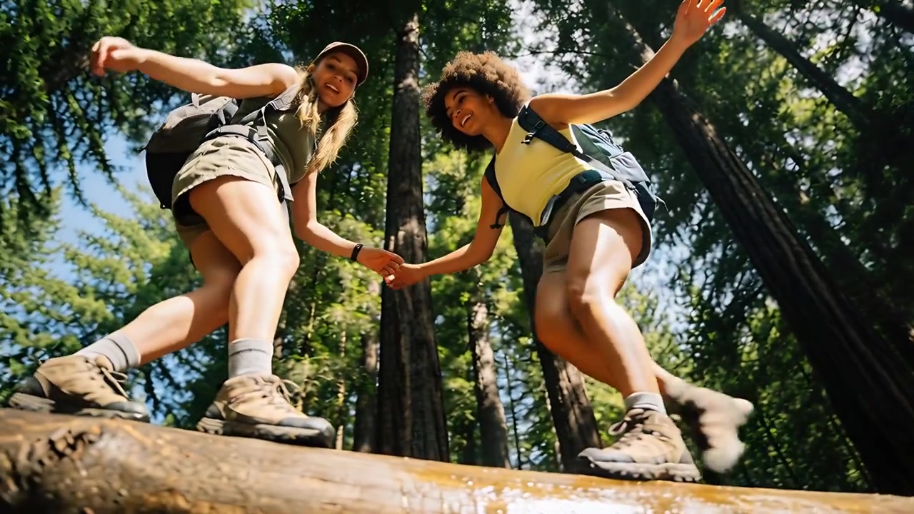 Crossing wet fallen log, continuing hike, two hikers balancing and stepping in woods with boots